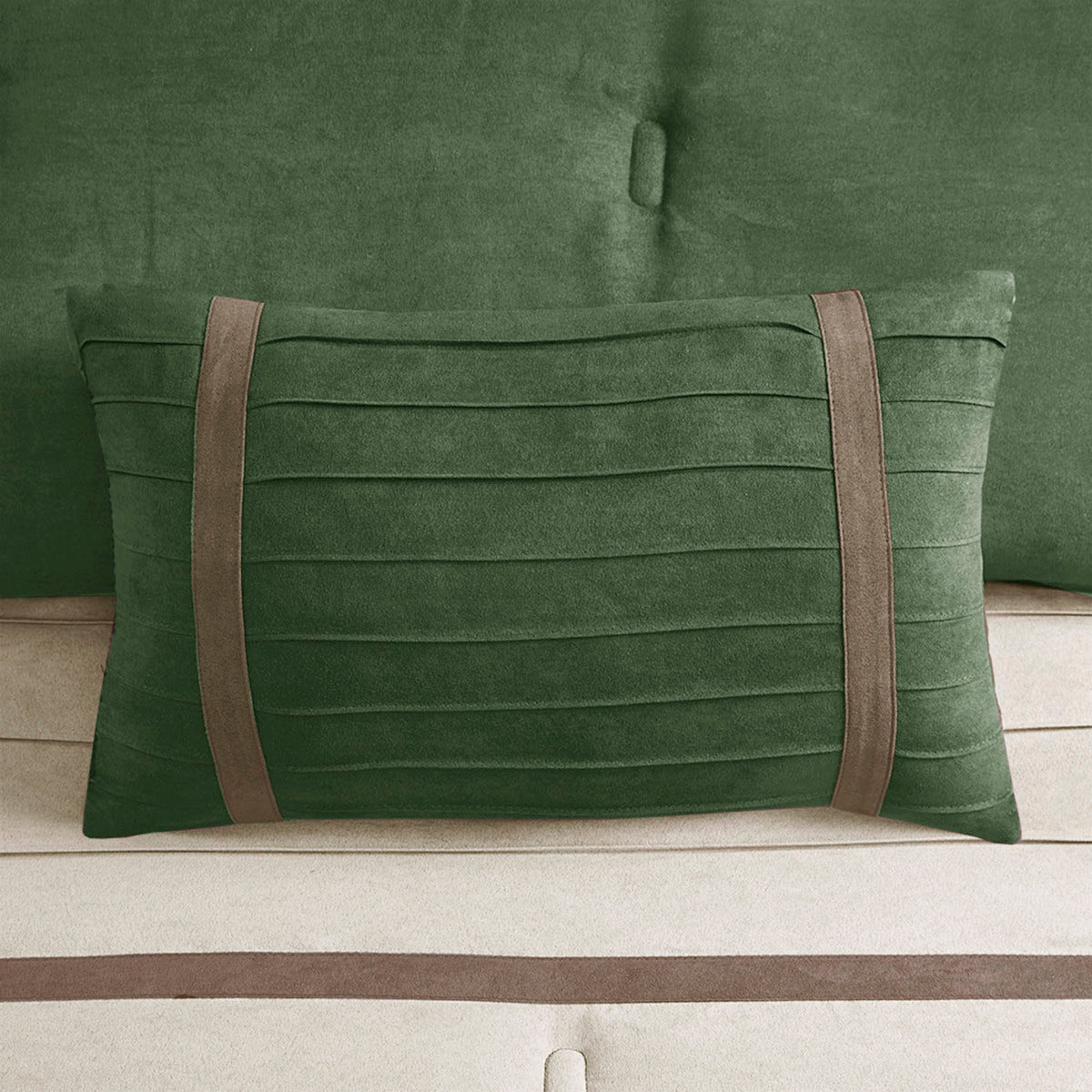 7 Pc Faux Suede Comforter Set Green King by HouseOfZazla, quilted texture with channels on Tampa Home & Garden Store