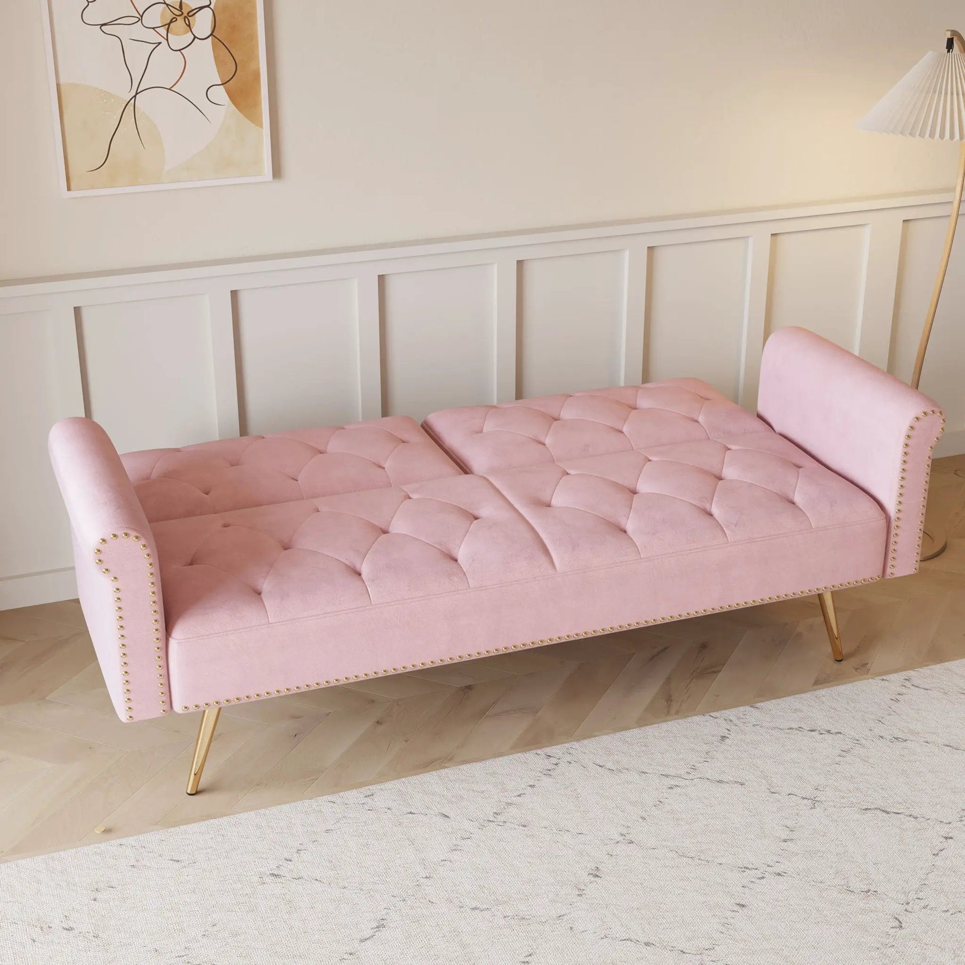Pink velvet futon sofa bed with nail head trim and matching pillow Unique Piece Furniture on Tampa Home & Garden Store