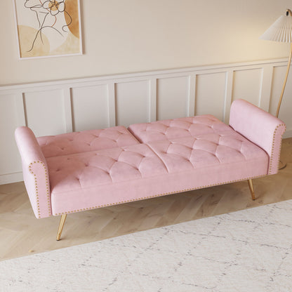 Velvet pink sofa bed with tufted upholstery, nailhead trim, and a matching pillow on Tampa Home & Garden Store