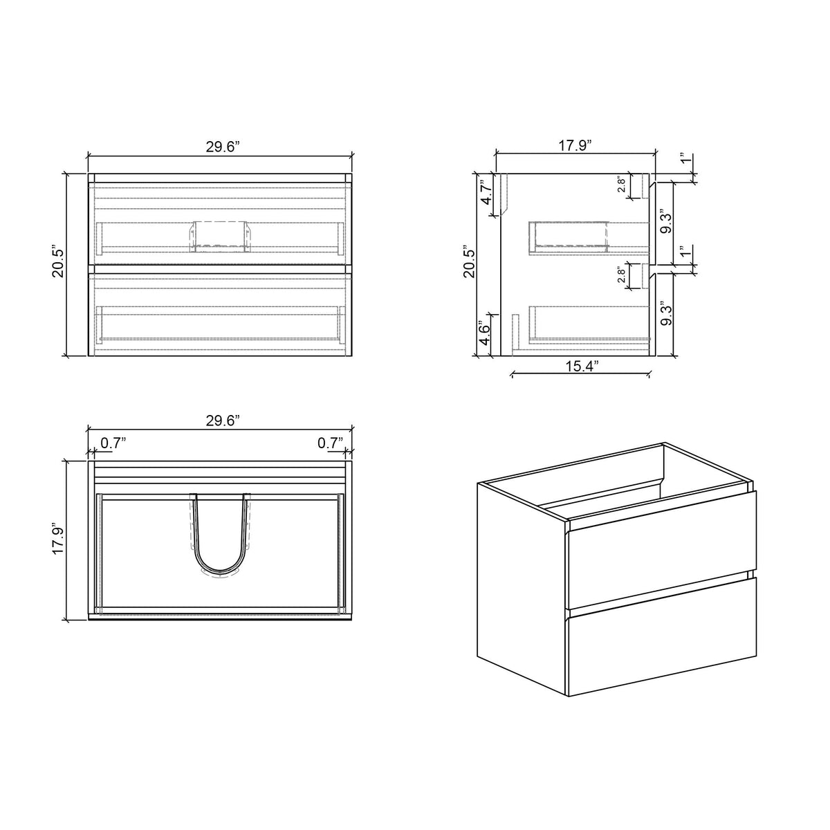 Alice bathroom vanity with sink blueprint drawing showing front and side views on Tampa Home & Garden Store