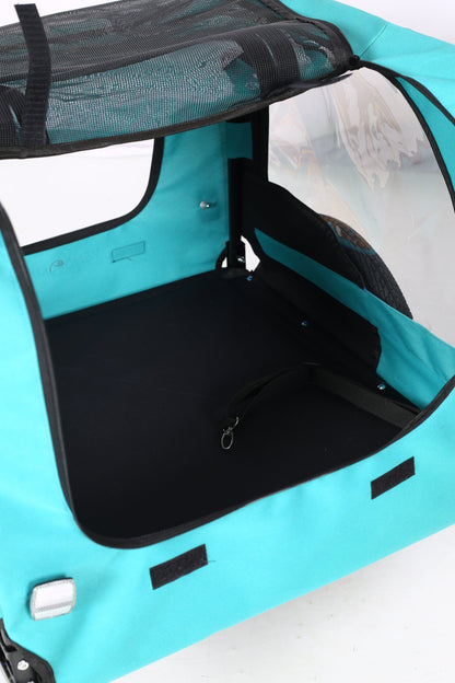 Pet bike trailer for small and medium dogs in turquoise fabric with mesh top clear window on Tampa Home & Garden Store