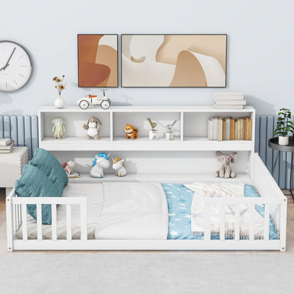 Full floor bed with side bookcase and guardrails in white by HouseOfZazla, with built-in shelves on Tampa Home & Garden Store