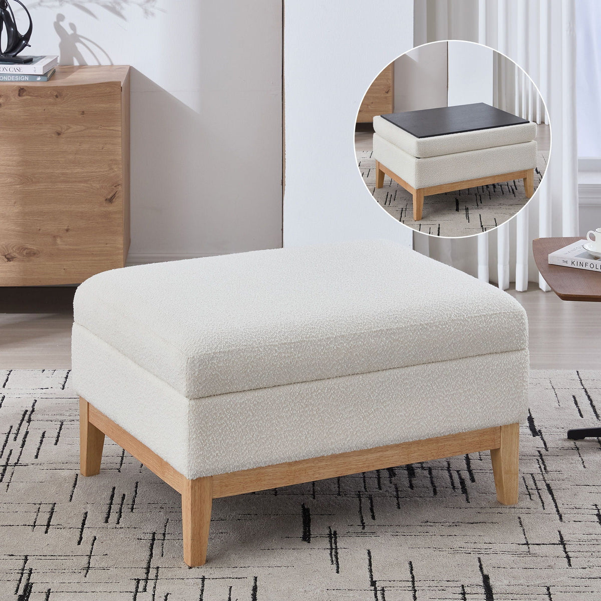 Upholstered storage ottoman with reversible lid in cream fabric and wood legs HouseOfZazla on Tampa Home & Garden Store