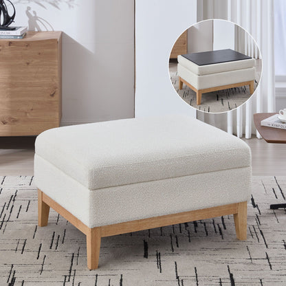Upholstered storage ottoman with reversible lid in cream fabric and wood legs HouseOfZazla on Tampa Home & Garden Store