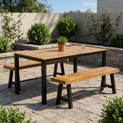 Outdoor Acacia Wood Dining Table and Two Benches