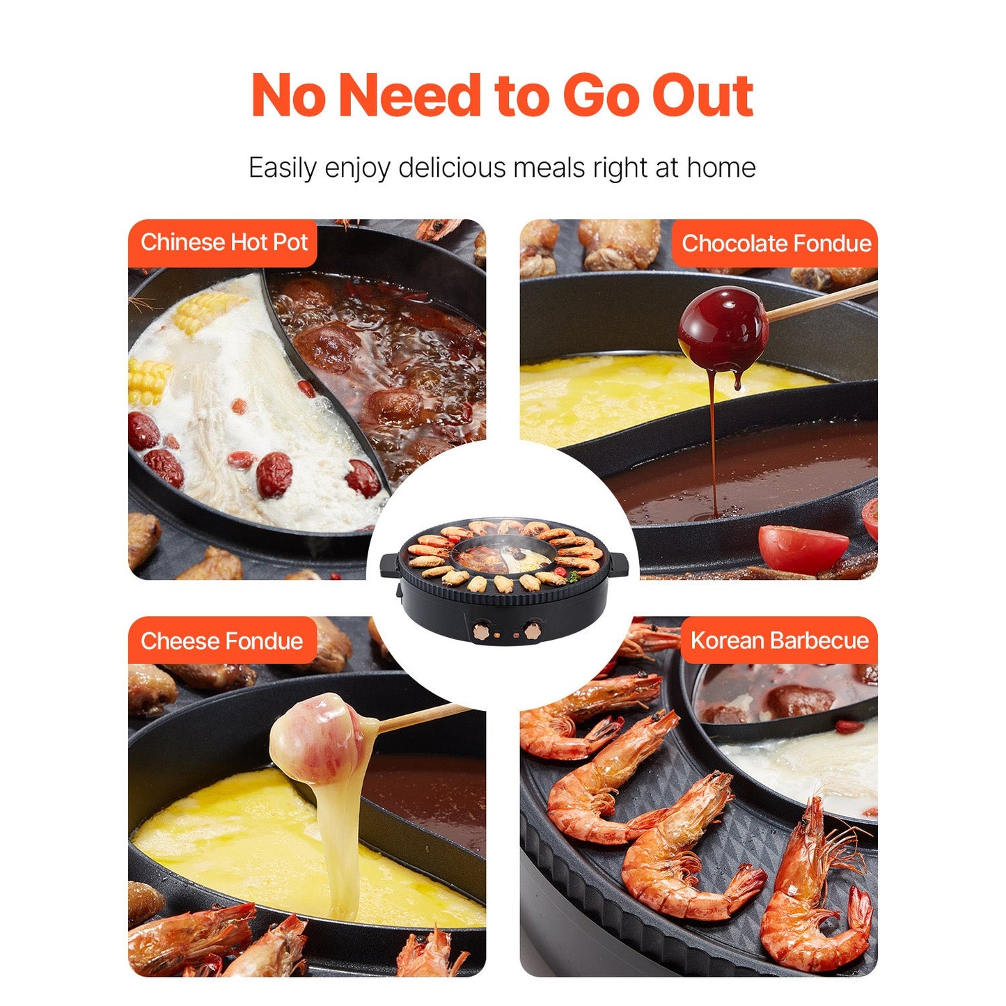 HouseOfZazla 1800W electric smokeless hot pot grill, black round 2-in-1 with four cuisines on Tampa Home & Garden Store