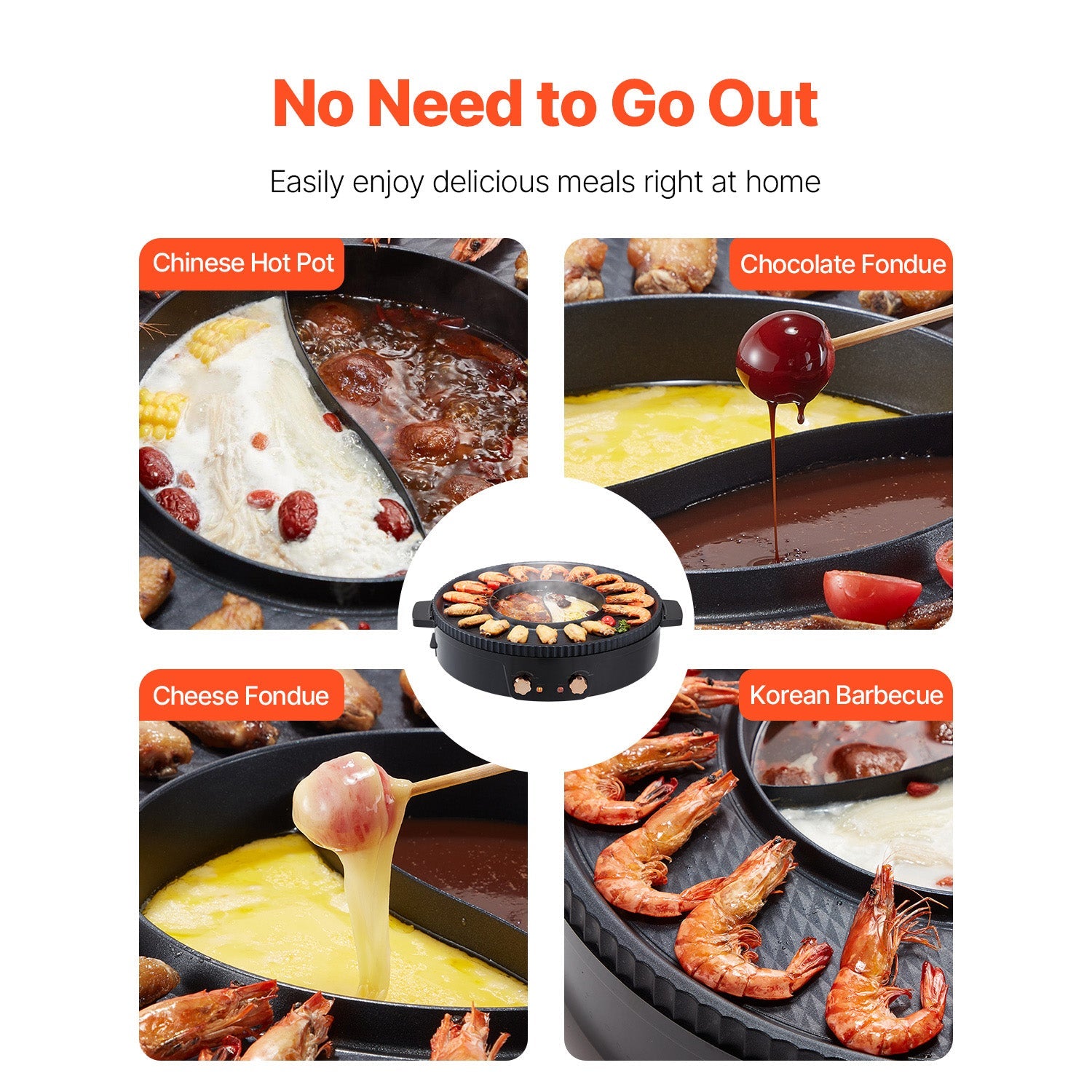 HouseOfZazla 1800W electric smokeless hot pot grill, black round 2-in-1 with four cuisines on Tampa Home & Garden Store