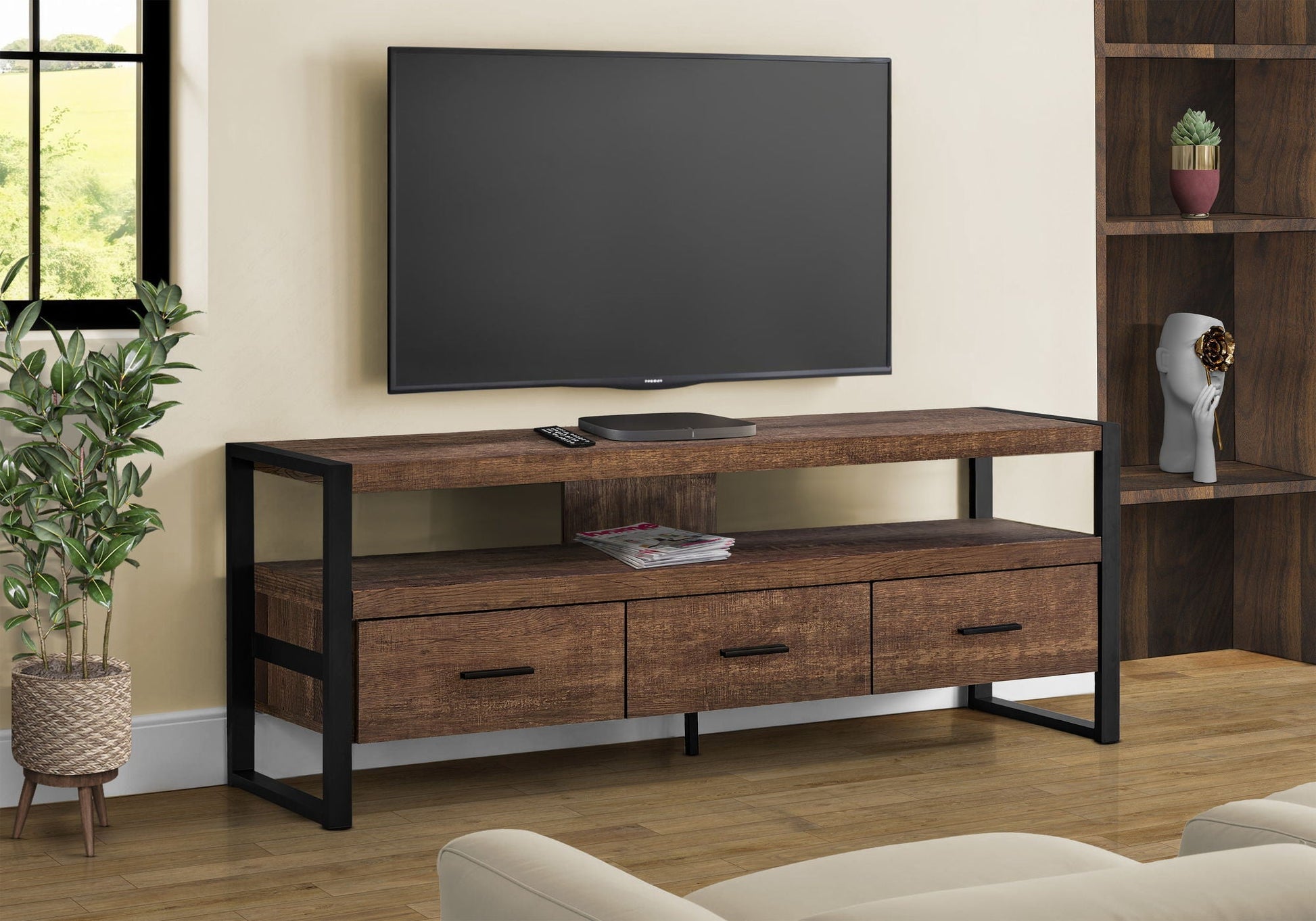 TV Stand Console with storage drawers in dark wood and black metal frame by HouseOfZazla on Tampa Home & Garden Store