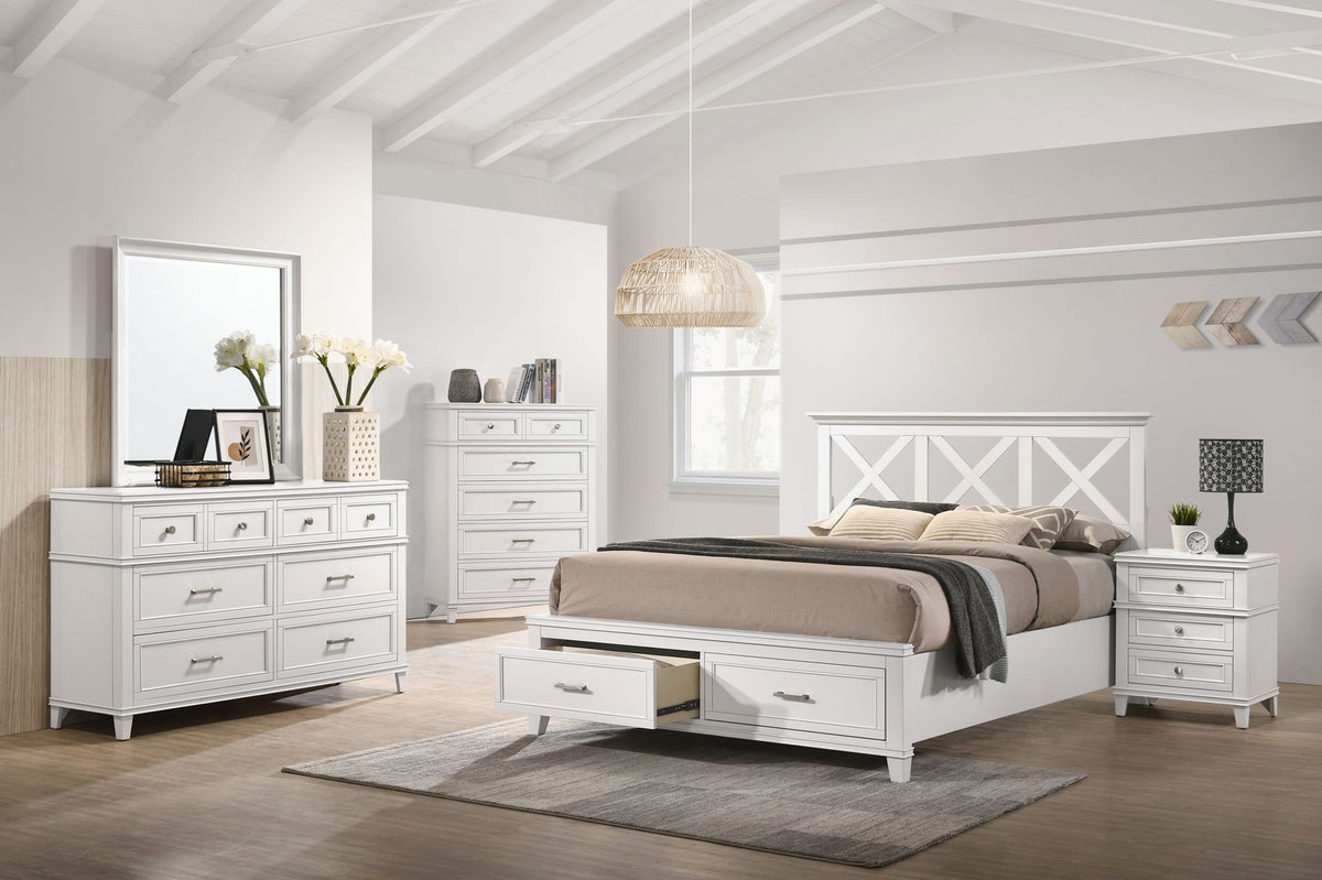 Ample Storage Bed with X Headboard and Wood Base