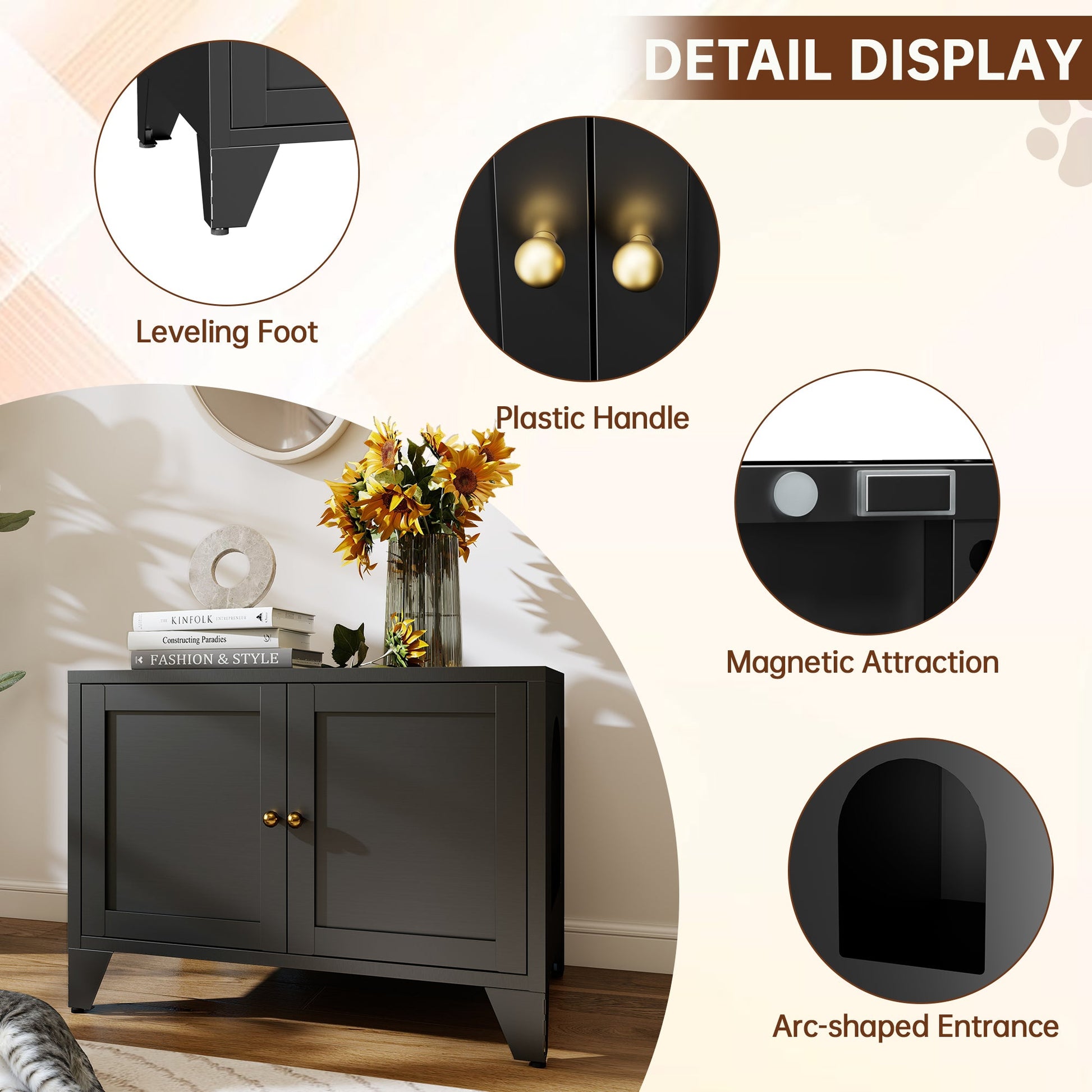 Metal Cat Litter Box Enclosure by HouseOfZazla in black metal cabinet with arc-shaped entrance on Tampa Home & Garden Store