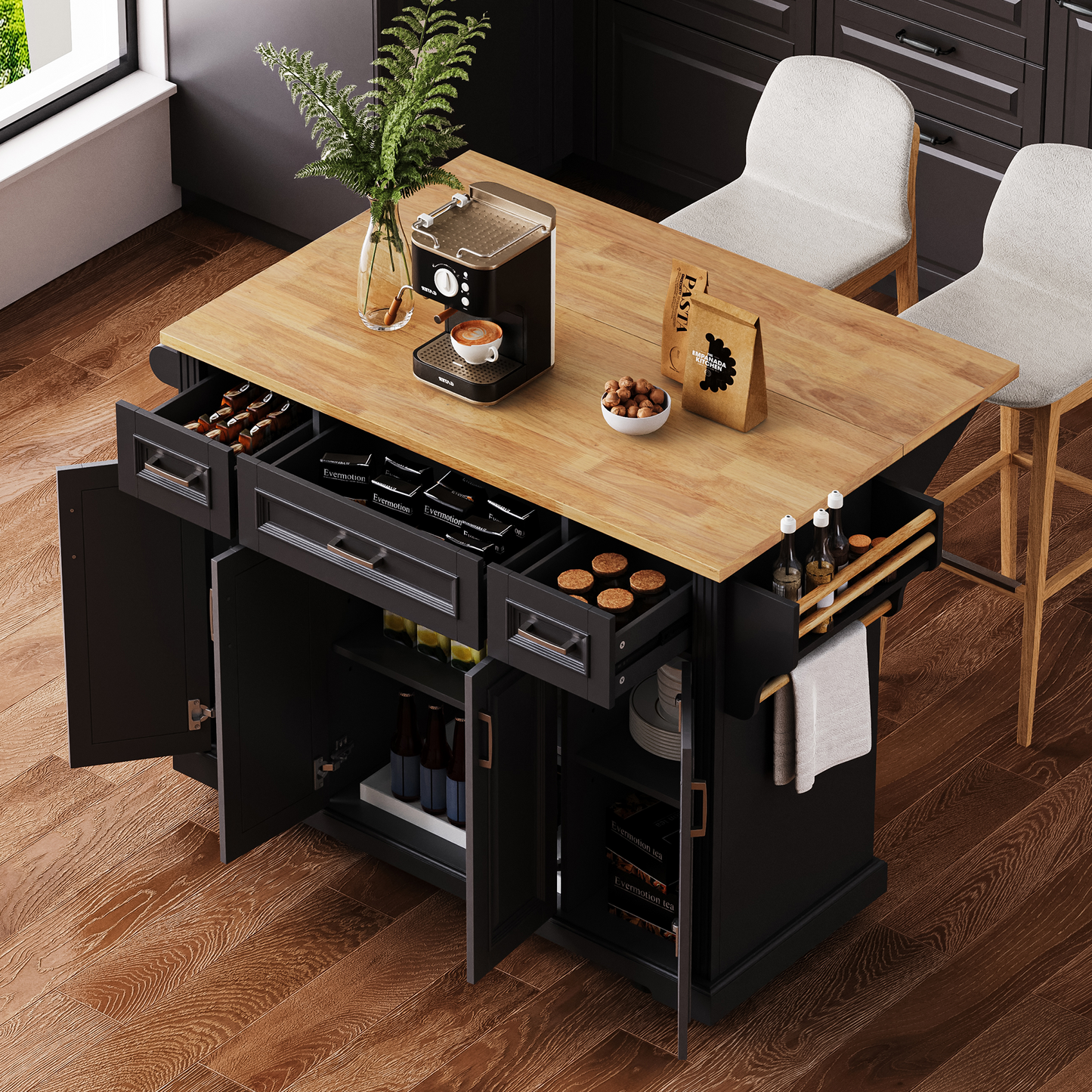 Large 54 Inch Kitchen Island and Rubber Wood