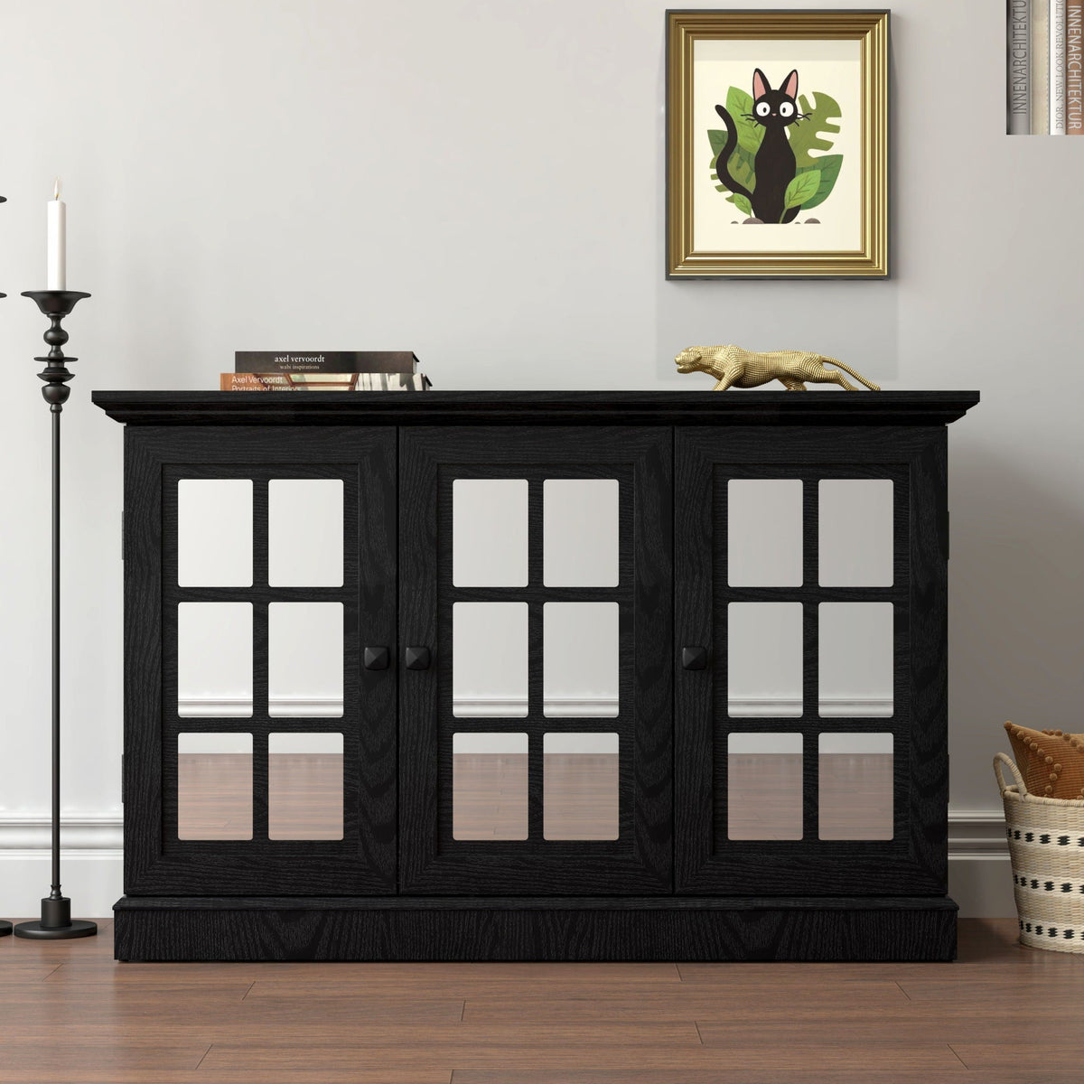 Storage cabinet by HouseOfZazla, black wood with 3 mirrored acrylic doors on Tampa Home & Garden Store