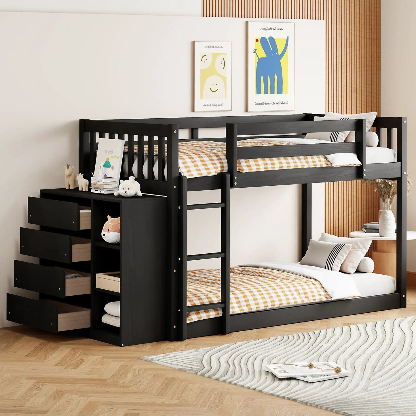 Bunk Bed With Four Drawers and Three Shelves