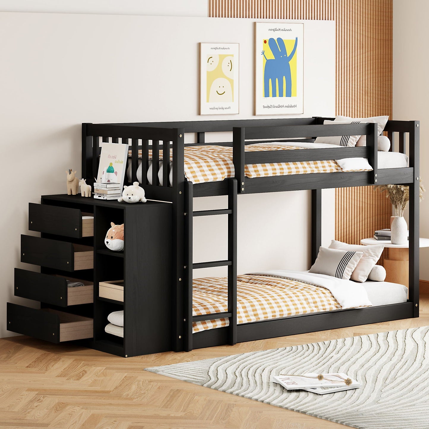 Solid Pine Bunk Bed with Drawers and Shelves