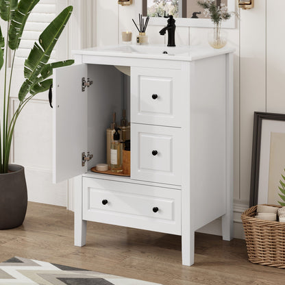 Retro bathroom vanity with ceramic sink, white finish, black faucet, soft-close drawers on Tampa Home & Garden Store