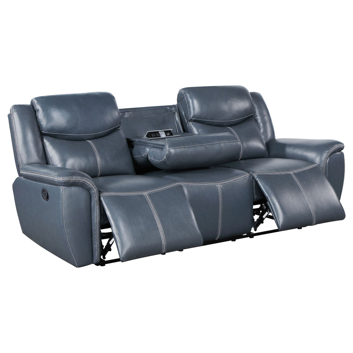 Blue Motion Reclining Sofa And Center Console