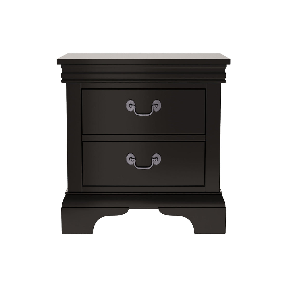Black wood nightstand with two drawers and silver handles, traditional accent table on Tampa Home & Garden Store
