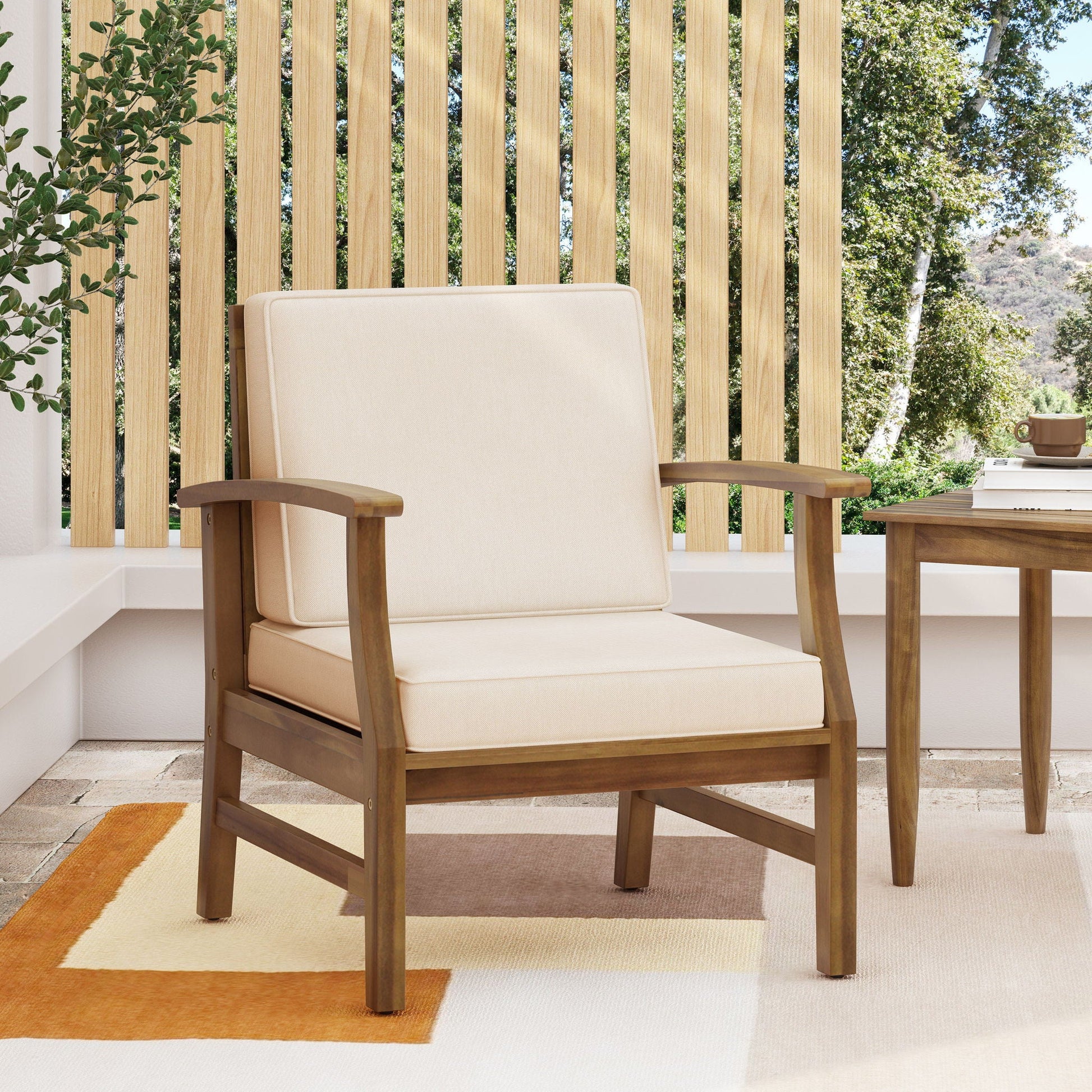 Perla Contemp. Club Chair with water resistant beige cushion, wood outdoor seating by HouseOfZazla on Tampa Home & Garden Store