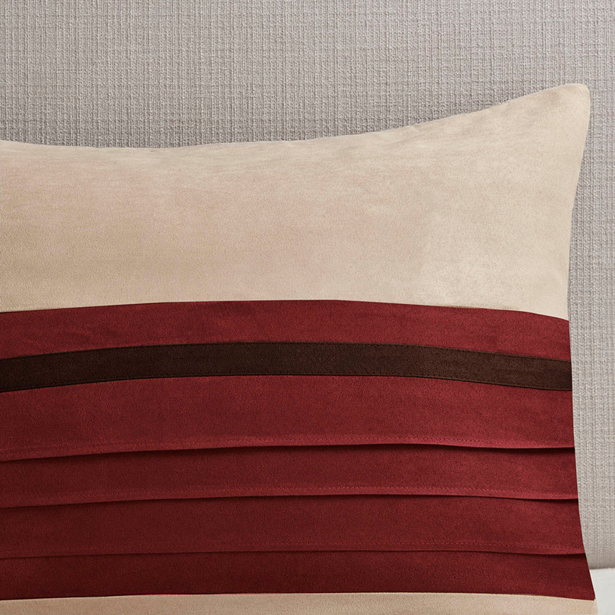 7 PC Pieced Faux Suede Comforter Set Red Cal King pillow with cream panel and red bands on Tampa Home & Garden Store