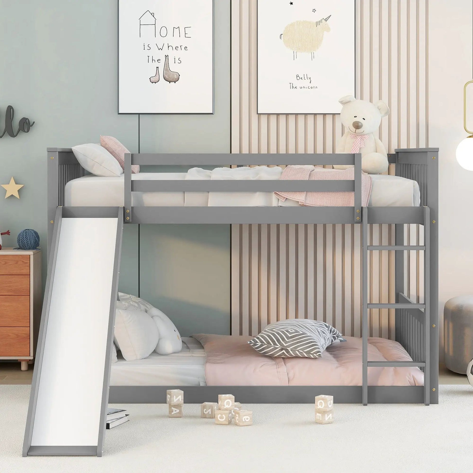 Gray bunk bed with slide and ladder, teddy on top bunk, Unique Piece Furniture on Tampa Home & Garden Store