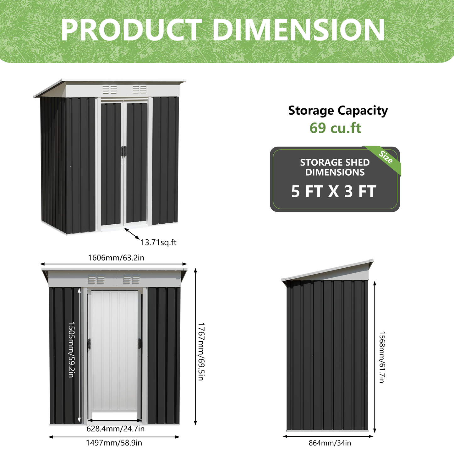 HouseOfZazla 5x3 ft metal garden shed with sliding doors, dark vertical panels and white trim on Tampa Home & Garden Store