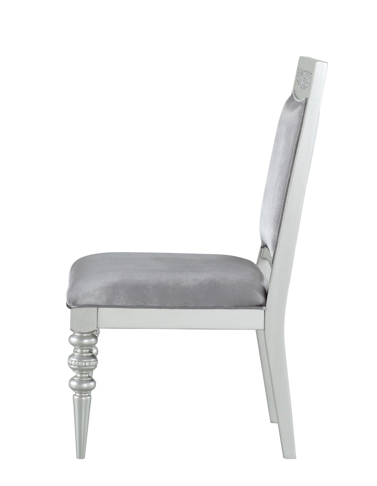 Maverick Side Chair with a silver frame and gray satin upholstered seat and back on Tampa Home & Garden Store