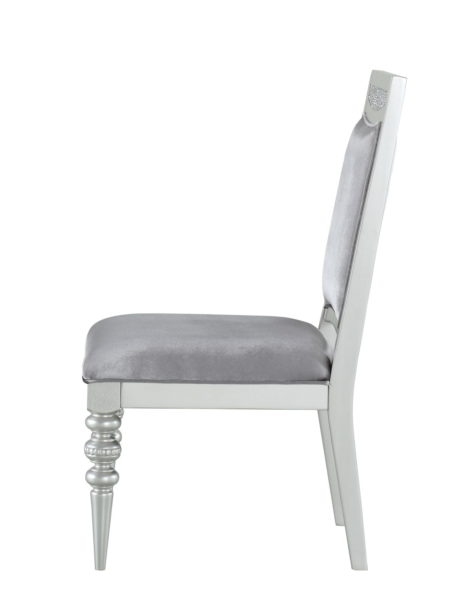 Maverick Side Chair with a silver frame and gray satin upholstered seat and back on Tampa Home & Garden Store