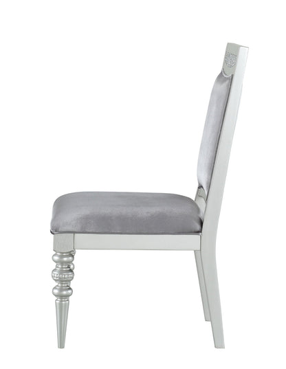 Maverick Side Chair with a silver frame and gray satin upholstered seat and back on Tampa Home & Garden Store
