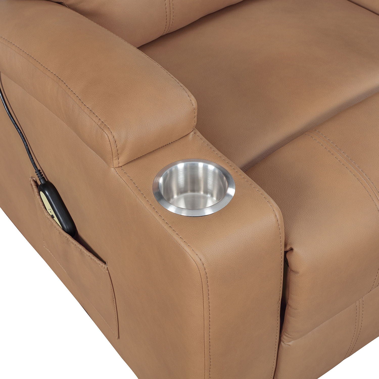 Tan leather Macklin power lift massage recliner with metal cupholder on Tampa Home & Garden Store