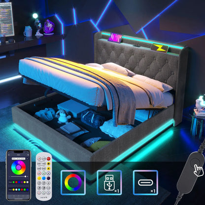 Upholstered storage bed with gray tufted headboard, 360-degree LED lighting, remote control on Tampa Home & Garden Store