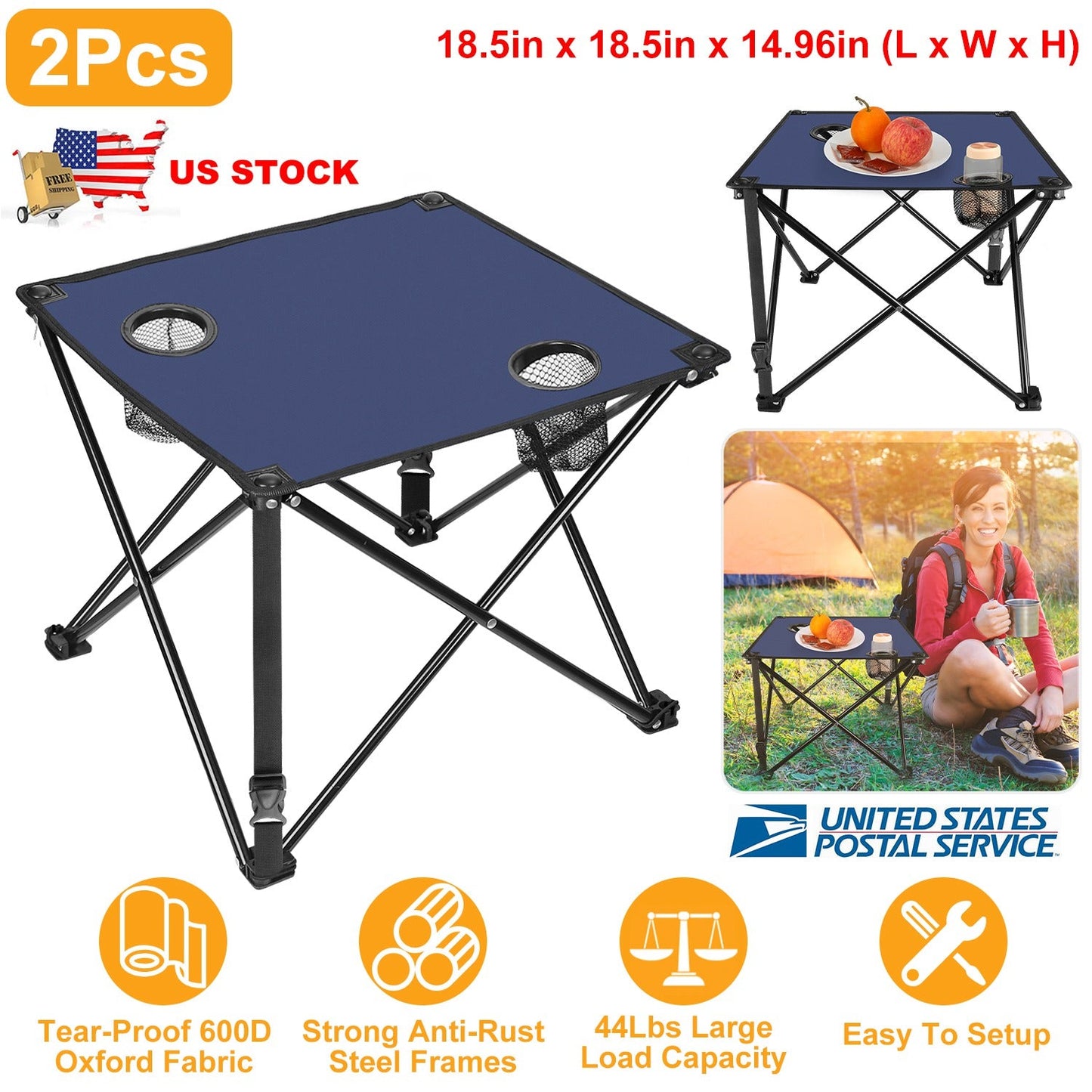 2-Piece GemGear foldable camping table set navy blue top with 2 cup holders steel frame on Tampa Home & Garden Store