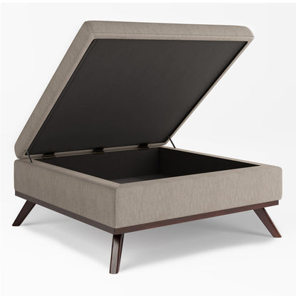 Square lift-top storage ottoman beige fabric by HouseOfZazla with dark interior and wooden legs on Tampa Home & Garden Store