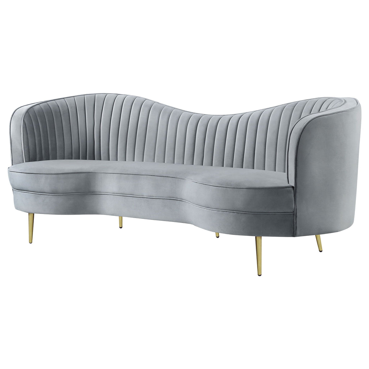Reigha upholstered gray stationary sofa with channel-tufted backrest and curved silhouette on Tampa Home & Garden Store