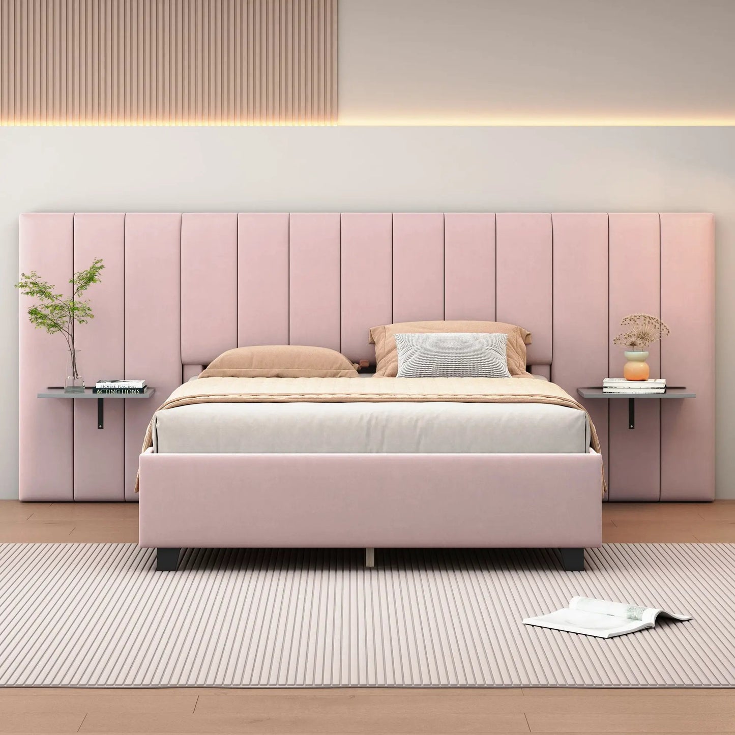 Pink upholstered platform bed with a tall headboard and beige bedding with nightstands on Tampa Home & Garden Store