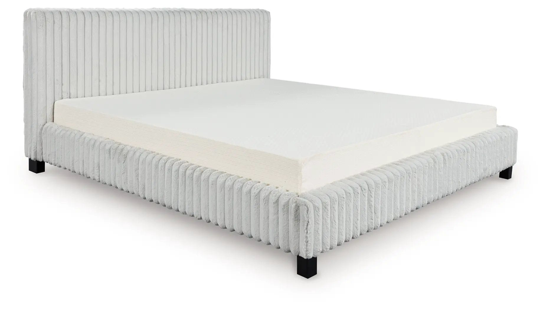 Zuraleus upholstered bed in light gray ribbed fabric with tall headboard and black square legs on Tampa Home & Garden Store