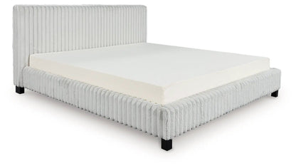 Zuraleus upholstered bed in light gray ribbed fabric with tall headboard and black square legs on Tampa Home & Garden Store