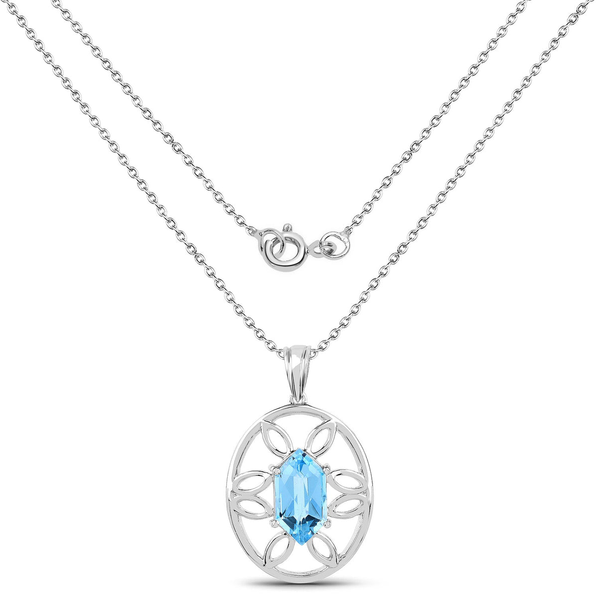 Pendant with 6.17ct Swiss blue topaz in silver circular filigree frame on chain on Tampa Home & Garden Store