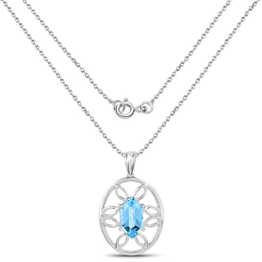 Pendant with 6.17ct Swiss blue topaz in silver circular filigree frame on chain on Tampa Home & Garden Store