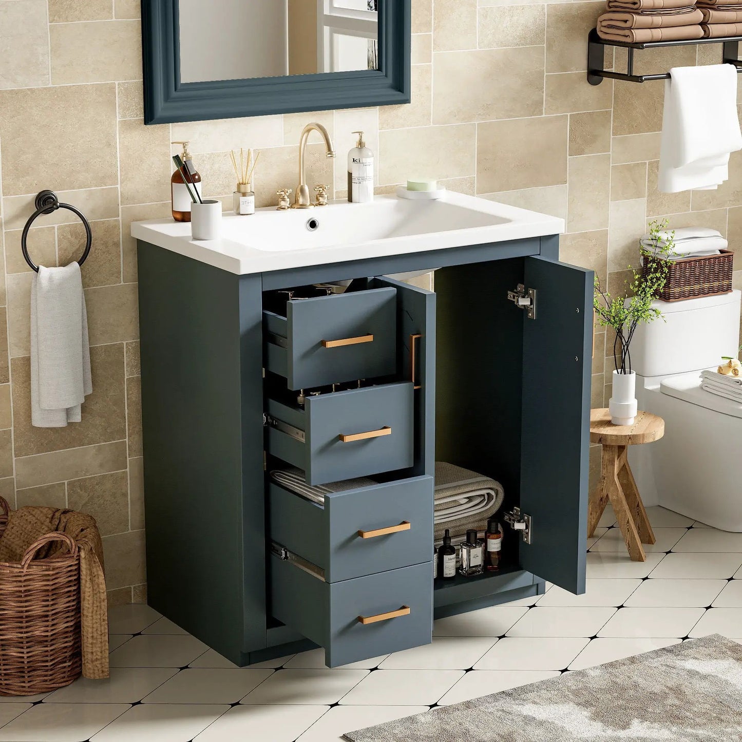 Ceramic sink vanity in navy with 3 drawers and soft-close doors by Unique Piece Furniture on Tampa Home & Garden Store