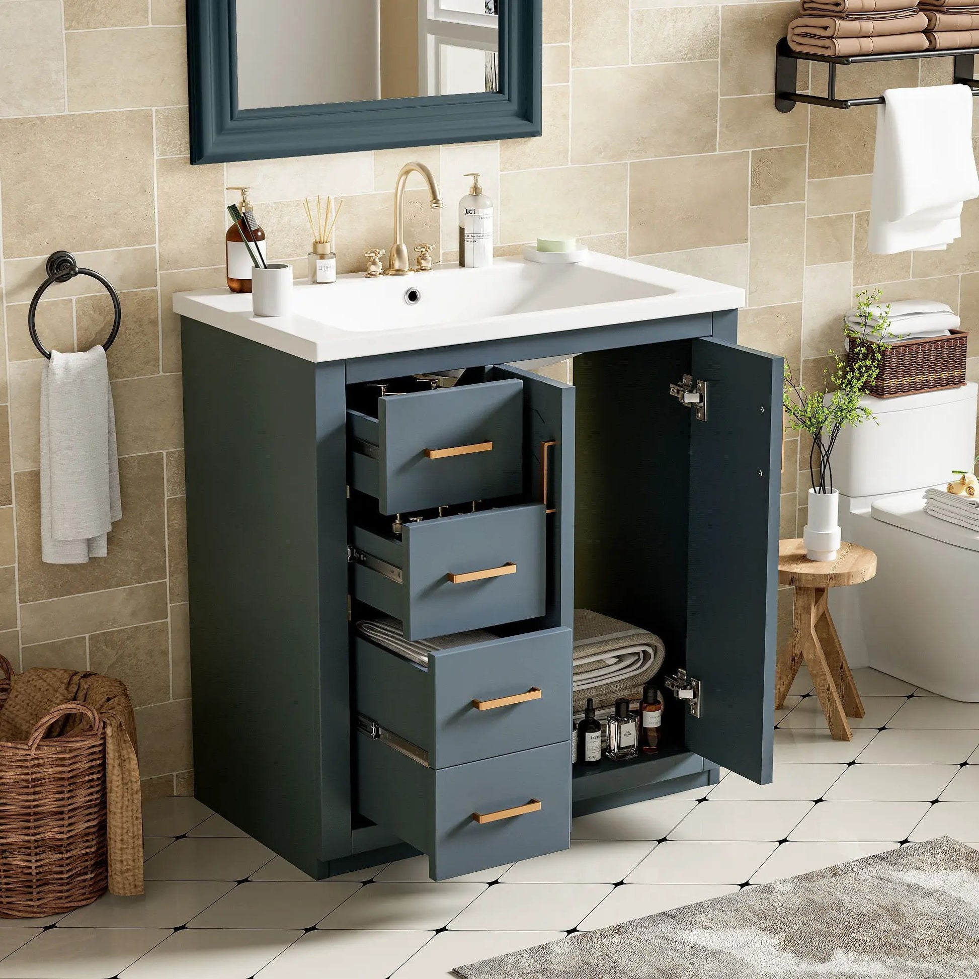 Ceramic sink vanity in navy with 3 drawers and soft-close doors by Unique Piece Furniture on Tampa Home & Garden Store