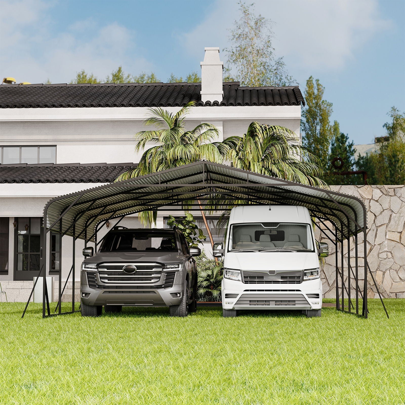 Heavy Duty Carport Shelter in black by HouseOfZazla, all-weather canopy over two vehicles on Tampa Home & Garden Store