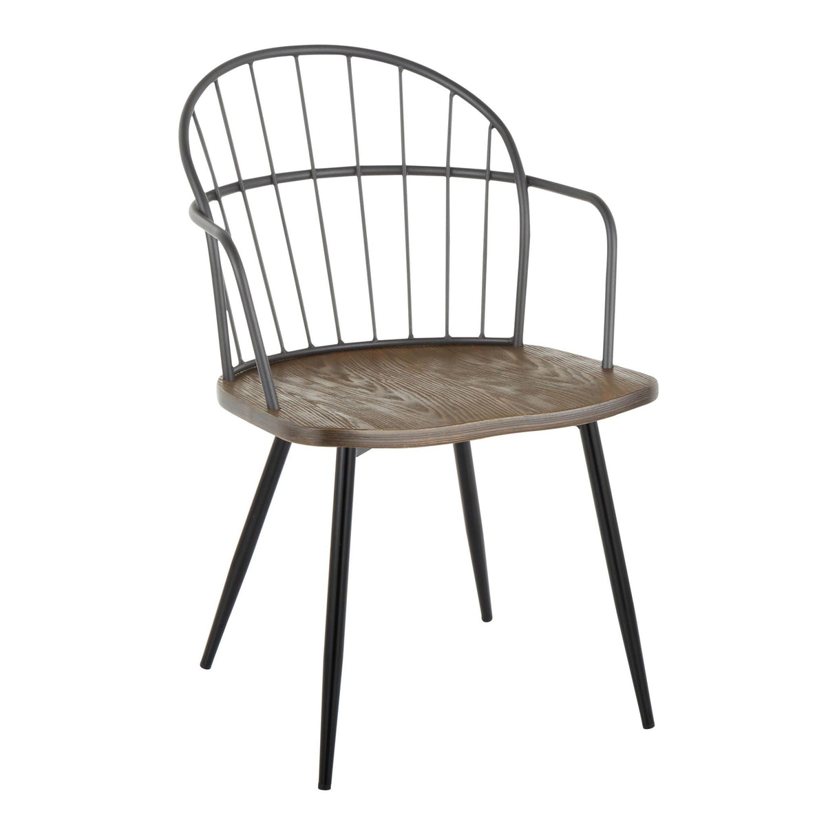 Farmhouse Arm Chair set of 2 with spindle-back, dark brown wood seat and black metal legs on Tampa Home & Garden Store