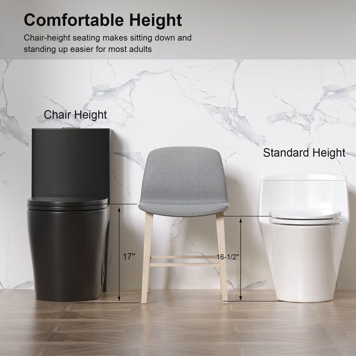 Toilet with Tornado Dual Flush ADA height; black left unit, white standard-height toilet on Tampa Home & Garden Store
