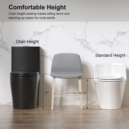 Toilet with Tornado Dual Flush ADA height; black left unit, white standard-height toilet on Tampa Home & Garden Store