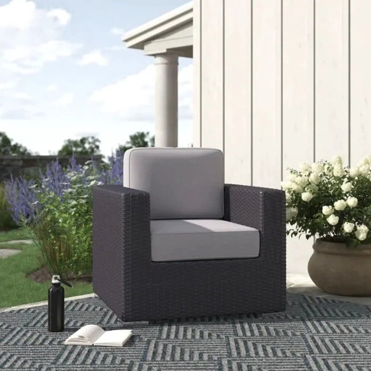 Patio chair with cushions in dark wicker, gray cushions, Unique Piece Furniture on Tampa Home & Garden Store