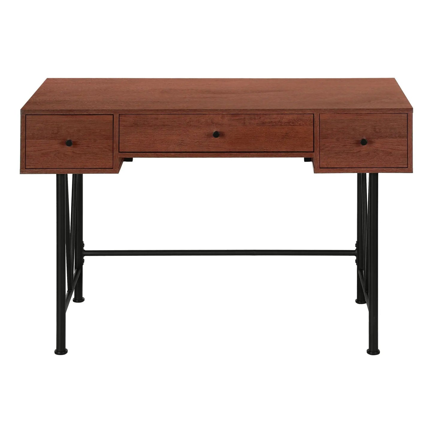 Writing desk by Unique Piece Furniture with three drawers, warm brown woodgrain, black metal legs on Tampa Home & Garden Store