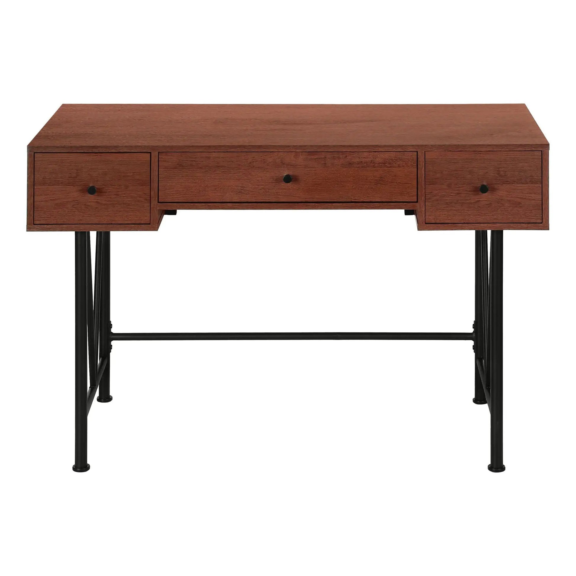 Writing desk by Unique Piece Furniture with three drawers, warm brown woodgrain, black metal legs on Tampa Home & Garden Store