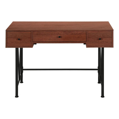 Writing desk by Unique Piece Furniture with three drawers, warm brown woodgrain, black metal legs on Tampa Home & Garden Store