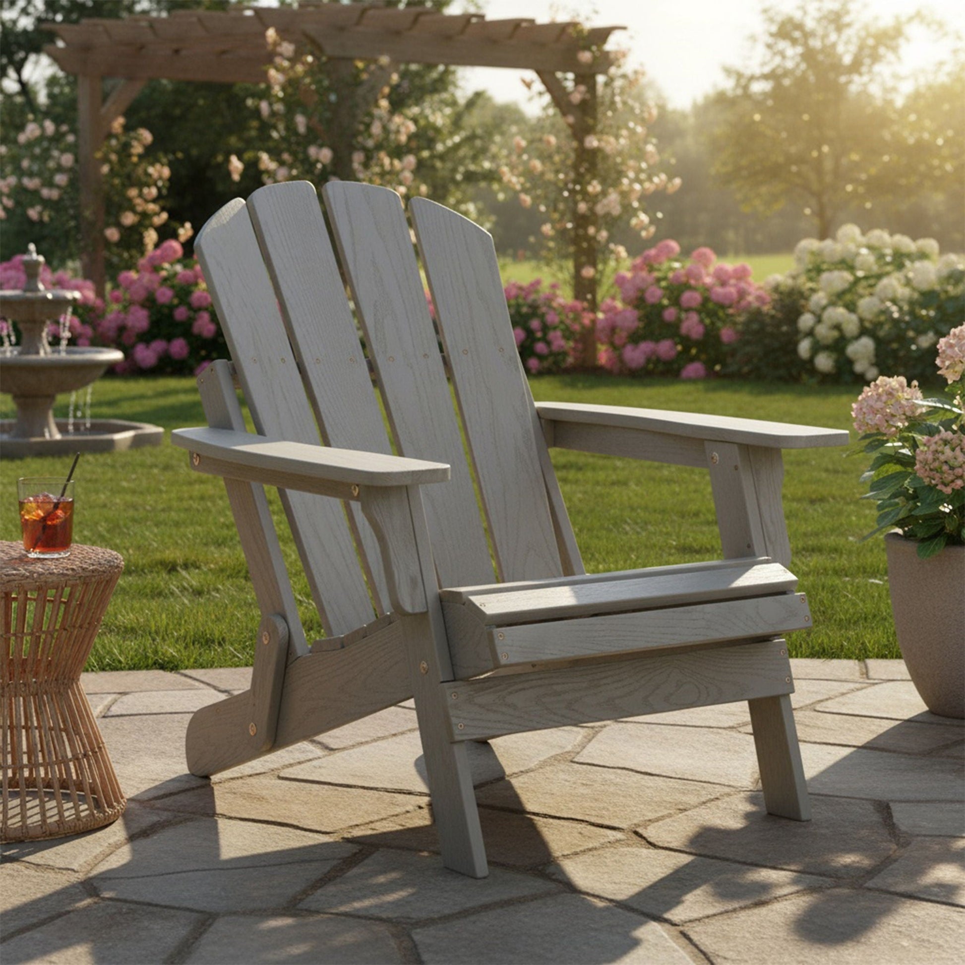 Oversize gray outdoor folding Adirondack chairs set of 3, gray painted wood, garden backdrop on Tampa Home & Garden Store