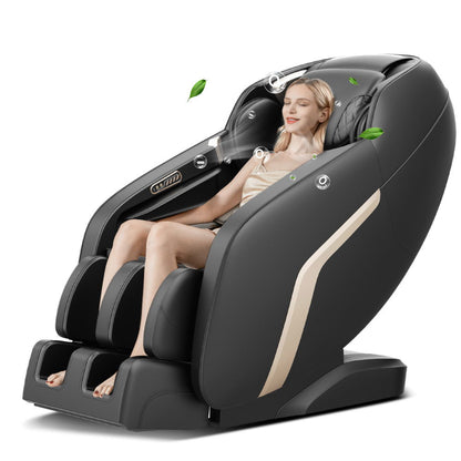 HouseOfZazla black massage chair with beige stripe, user seated, chair with foot rollers on Tampa Home & Garden Store